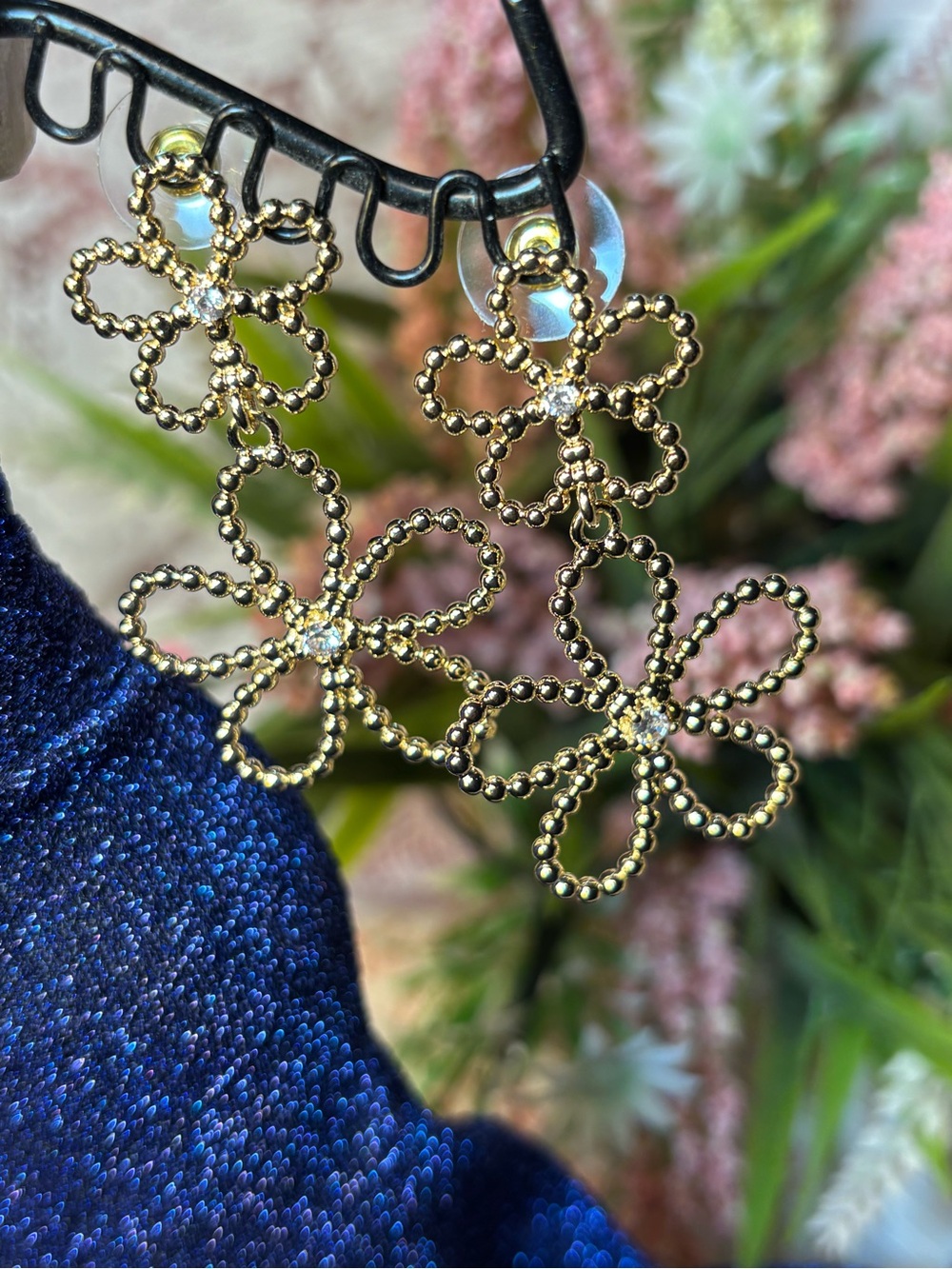 Double Daisy Gold Floral Drop Earrings - Crystal Accent Long Light Weight 2โ - Picture 5 of 8